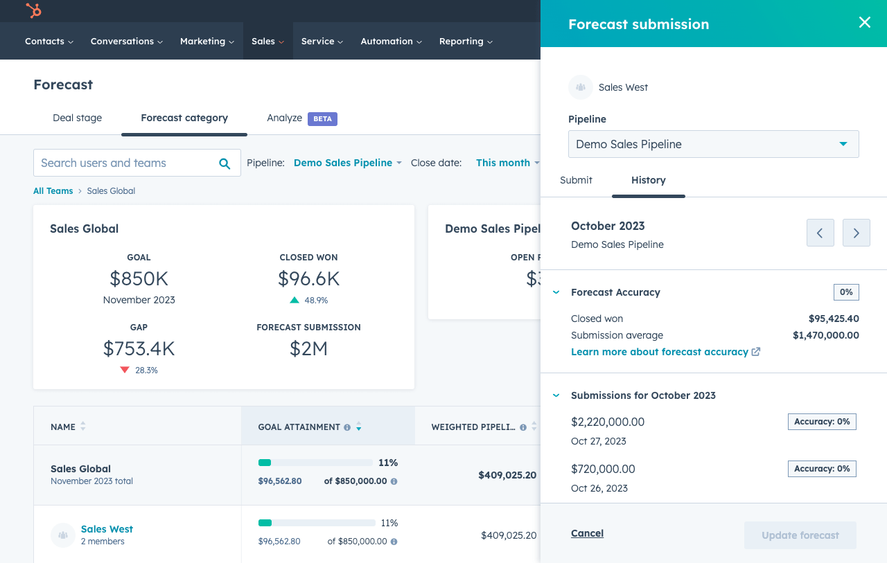 Sales Hub forecast user interface showing forecast accuracy